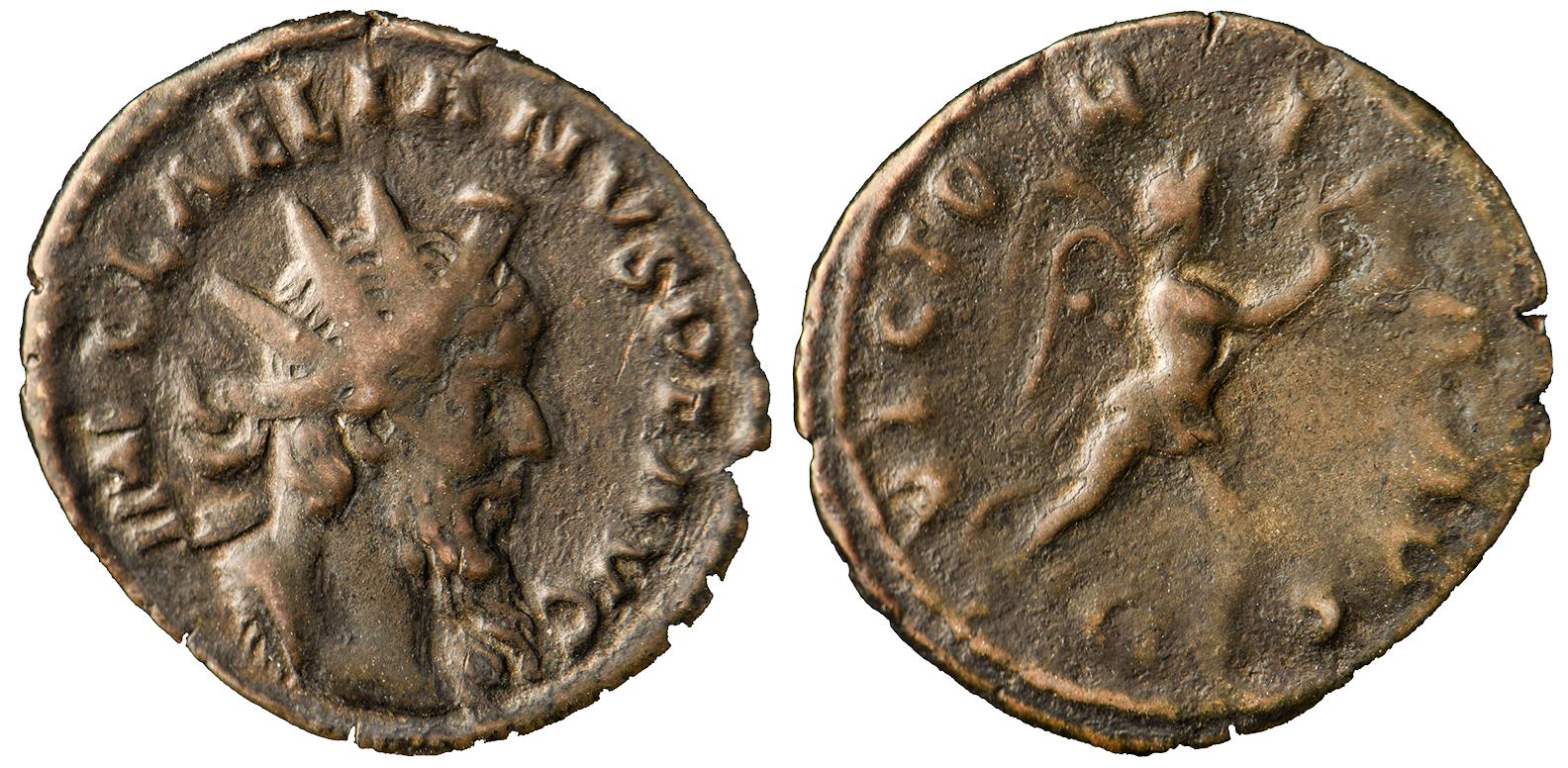 Coin, brown, rough, profile of man in helmet on one side, a winged man on the other.