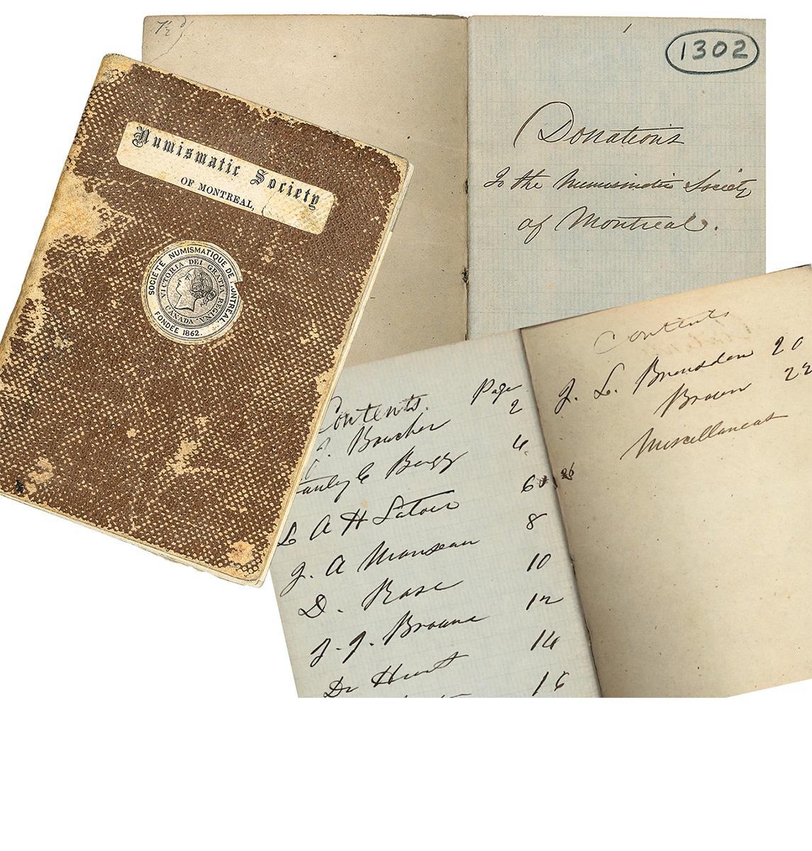 Photo collage, notebook cover, brown, worn and tattered over inside pages showing handwritten lists.