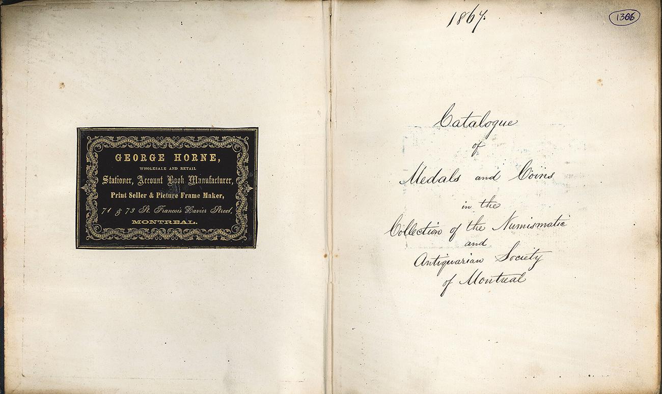 Open book, rectangular label with title on left, handwriting on right.