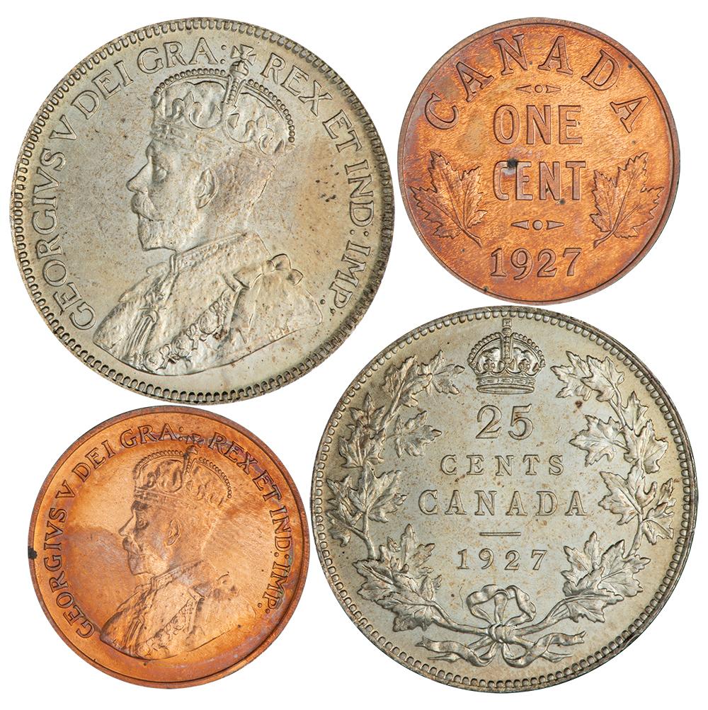 Two coins, copper with block lettering, silver with a wreath of leaves, both with the profile of a crowned king on back.