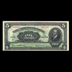 Canada, Molsons Bank, 5 dollars : July 3, 1922