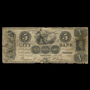 Canada, City Bank (Montreal), 5 dollars : December 31, 1852