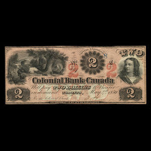 Canada, Colonial Bank of Canada, 2 dollars : May 4, 1859