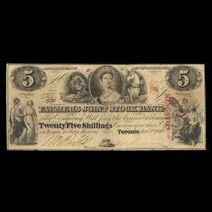 Canada, Farmer's Joint Stock Banking Co., 5 dollars : February 1, 1849