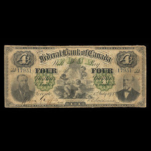 Canada, Federal Bank of Canada, 4 dollars : July 1, 1874