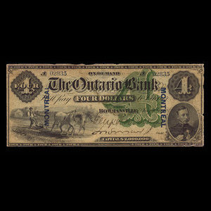 Canada, Ontario Bank, 4 dollars : August 1, 1870