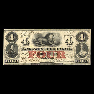 Canada, Bank of Western Canada, 4 dollars : September 20, 1859