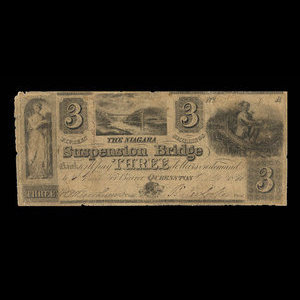 Canada, Niagara Suspension Bridge Bank, 3 dollars : December 20, 1836