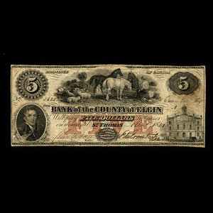 Canada, Bank of the County of Elgin, 5 dollars : August 1, 1856