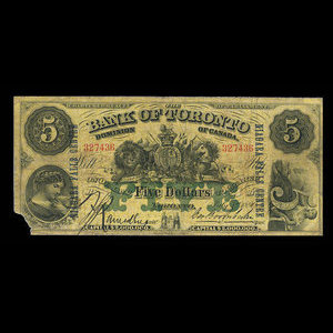 Canada, Bank of Toronto (The), 5 dollars : July 1, 1890