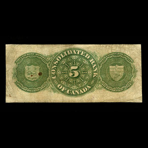 Canada, Consolidated Bank of Canada, 5 dollars : July 1, 1876