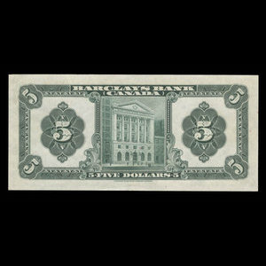 Canada, Barclays Bank, 5 dollars : September 3, 1929