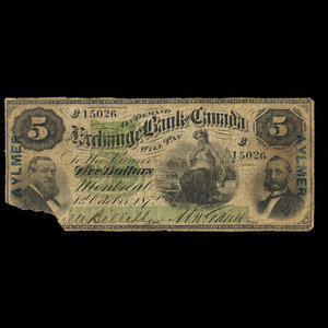 Canada, Exchange Bank of Canada, 5 dollars : October 1, 1872