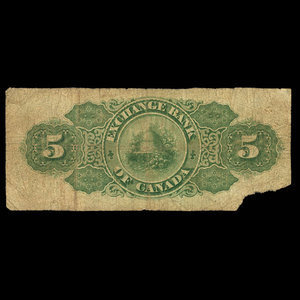 Canada, Exchange Bank of Canada, 5 dollars : October 1, 1872