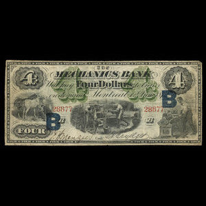 Canada, Mechanics Bank (Montreal), 4 dollars : June 1, 1872