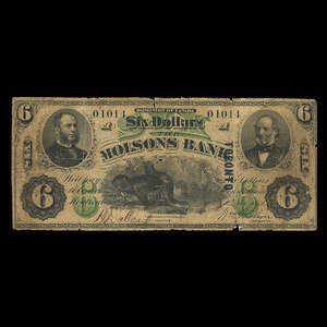 Canada, Molsons Bank, 6 dollars : November 5, 1871