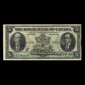 Canada, Royal Bank of Canada, 5 dollars : January 2, 1913