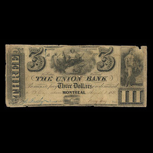 Canada, Union Bank, 3 dollars : August 1, 1838