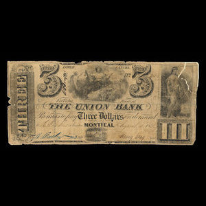 Canada, Union Bank, 3 dollars : August 1, 1838