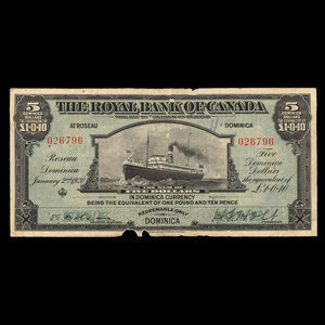 Dominica, Royal Bank of Canada, 5 dollars : January 2, 1920