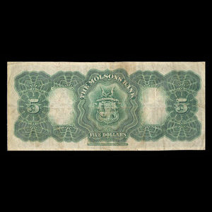 Canada, Molsons Bank, 5 dollars : January 2, 1912