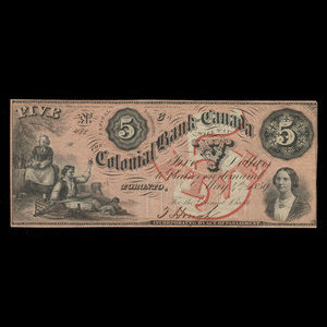 Canada, Colonial Bank of Canada, 5 dollars : May 4, 1859