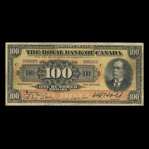 Canada, Royal Bank of Canada, 100 dollars : January 2, 1913