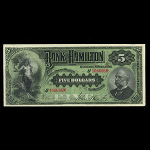 Canada, Bank of Hamilton, 5 dollars : June 1, 1892