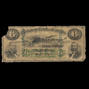 Canada, Exchange Bank of Canada, 6 dollars : October 1, 1872