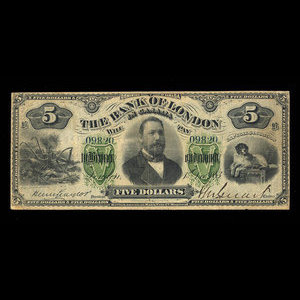 Canada, Bank of London in Canada, 5 dollars : December 1, 1883