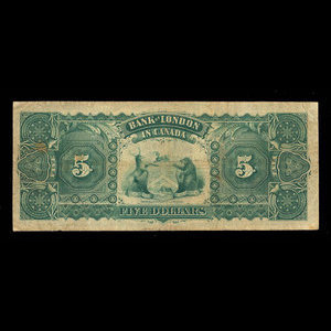 Canada, Bank of London in Canada, 5 dollars : December 1, 1883