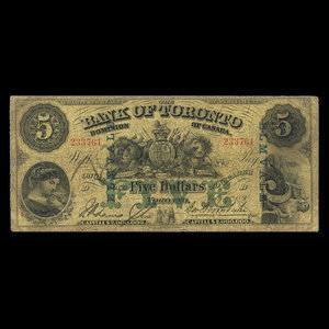 Canada, Bank of Toronto (The), 5 dollars : July 1, 1890