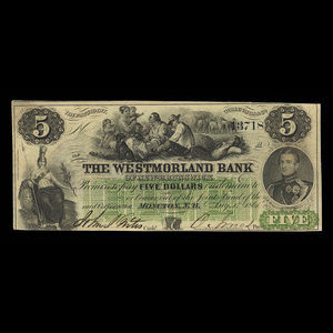 Canada, Westmorland Bank of New Brunswick, 5 dollars : August 1, 1861