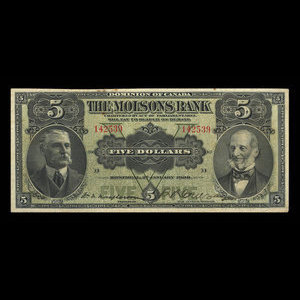 Canada, Molsons Bank, 5 dollars : January 2, 1908