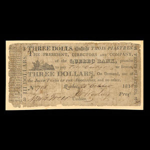 Canada, Quebec Bank, 3 dollars : October 20, 1818