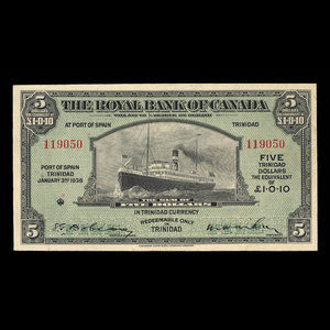 Trinidad, Royal Bank of Canada, 5 dollars : January 3, 1938