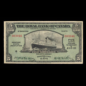 St. Kitts, Royal Bank of Canada, 5 dollars : January 3, 1938