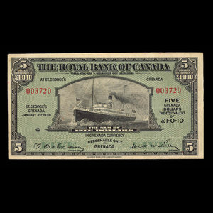 Grenada, Royal Bank of Canada, 5 dollars : January 3, 1938