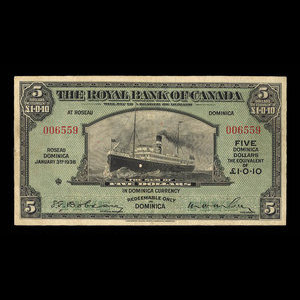 Dominica, Royal Bank of Canada, 5 dollars : January 3, 1938