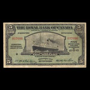 British Guiana, Royal Bank of Canada, 5 dollars : January 3, 1938