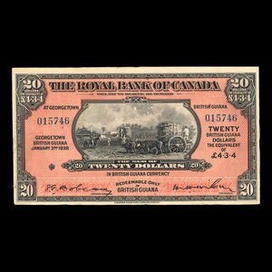 British Guiana, Royal Bank of Canada, 20 dollars : January 3, 1938