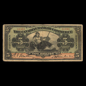 Barbados, Canadian Bank of Commerce, 5 dollars : January 2, 1922