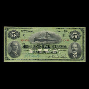 Canada, Merchants Bank of Canada (The), 5 dollars : February 1, 1916