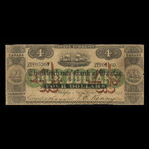 Canada, Merchants' Bank of Halifax, 4 dollars : October 1, 1873