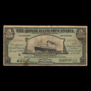 British Guiana, Royal Bank of Canada, 5 dollars : January 2, 1920