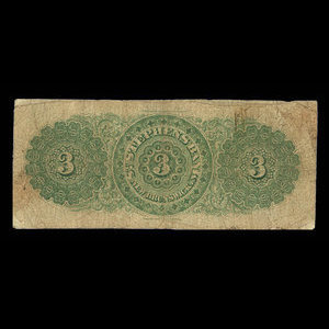 Canada, St. Stephen's Bank, 3 dollars : October 1, 1873