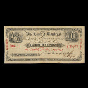 Canada, Bank of Montreal, 1 dollar : June 6, 1852