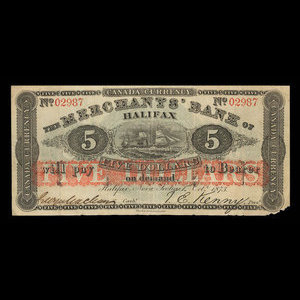 Canada, Merchants' Bank of Halifax, 5 dollars : October 1, 1873