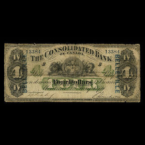 Canada, Consolidated Bank of Canada, 4 dollars : July 1, 1876