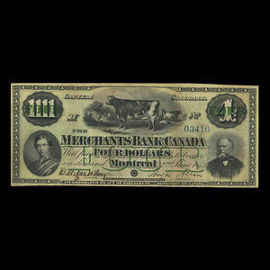 Canada, Merchants Bank of Canada (The), 4 dollars : June 2, 1873